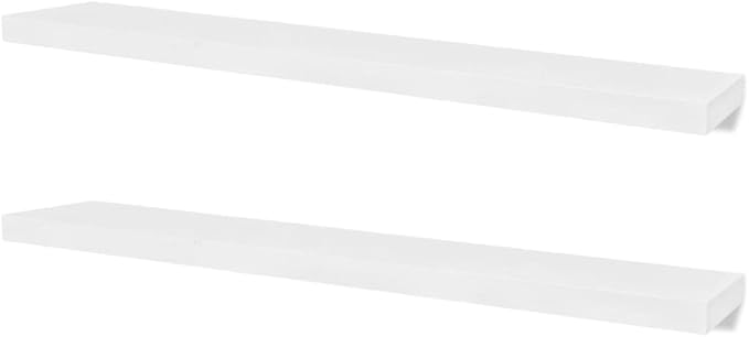 vidaXL Scandinavian-Modern MDF Floating Wall Display Shelves in White – Set of 2 Resistant Wall-Mounted DVD/Book Storage Shelves with Invisible Mounting System