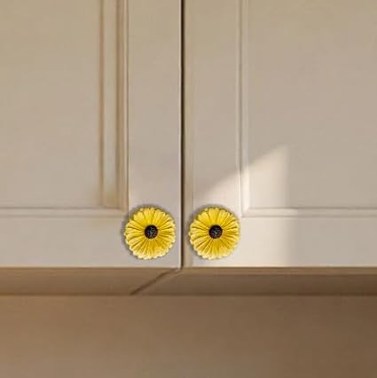 Daisy Vintage Resin Hand Painted Drawer Pulls Cabinet Knobs Handles Country Kitchen Home Decoration Yellow (Pack of 6)