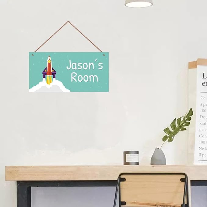 Personalized Rocket Sign For Boys Bedroom Aerospace Themed For Kids Room Door Decor,Custom Name Blue Sky Wall Decor Decorative Plate for Nursery Girls Room