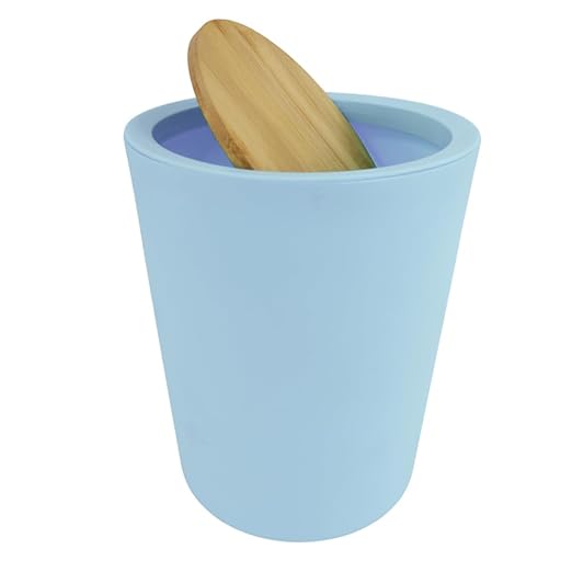 Modern Trash Can with Bamboo Lid, 5 Color Options, 24 cm Height, 19.5 cm Width (Light Blue)