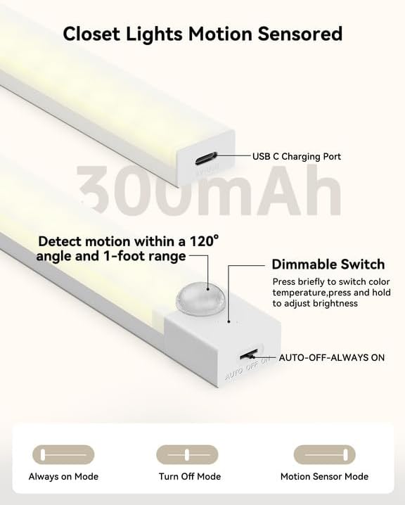 Under Cabinet Lighting 12 Inches Rechargeable Motion Sensor Light Indoor, 3 Color Dimmable Closet Light Battery Operated, USB Stick on LED Magnetic Under Counter Lights for Kitchen Stair, 6Packs