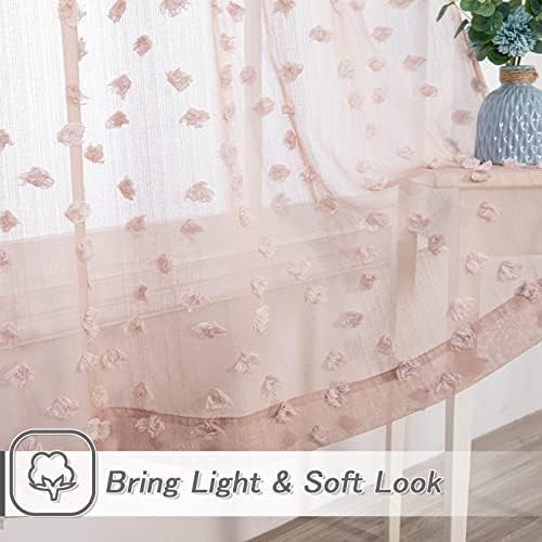 MYSKY HOME Pom Pom Pink Sheer Curtains for Bedroom Girls Room Dusty Rose Curtains 63 inch Length for Nursery Kids Light Filtering Boho Window Drapes, Rod Pocket, 38" Wide, 2 Panels