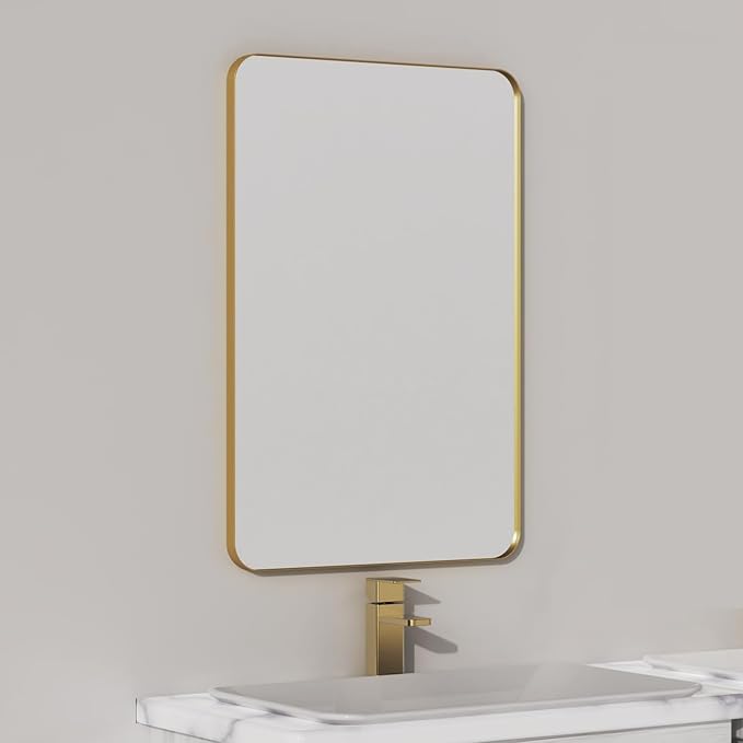 VocalStar Gold Bathroom Mirror for Wall, 22 x 30 Inch Metal Framed Rounded Rectangle Vanity Mirror Modern Farmhouse, 1/4-inch Shatterproof Glass | Ultra-Flush Hanging