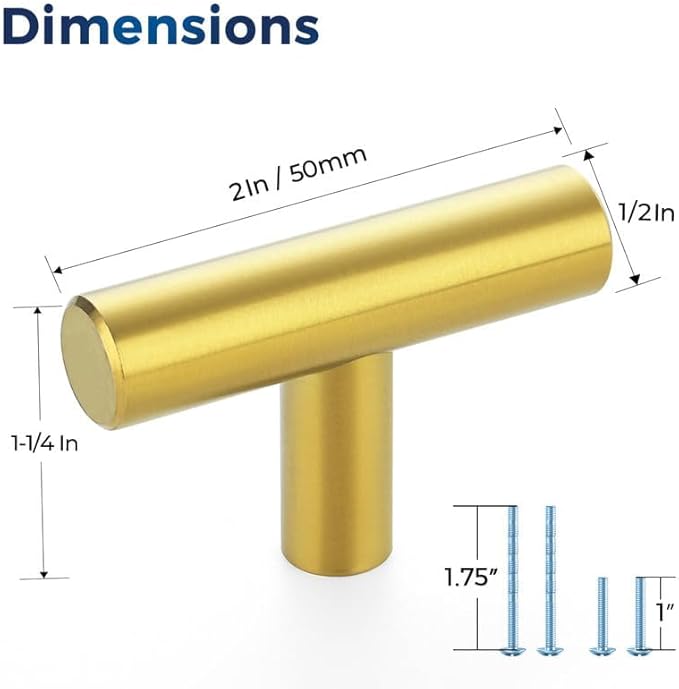 JOY DECOR 3 Pack Cabinet Knobs and Handles - 2in Gold Kitchen Cabinet Hardware for Dresser Drawers - Single Hole