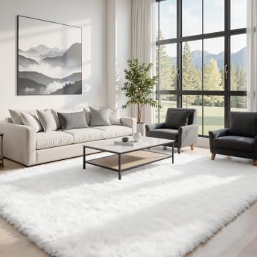 5x8 Fluffy Shag Area Rugs for Living Room Bedroom: Soft Plush Carpet White | - Image 2