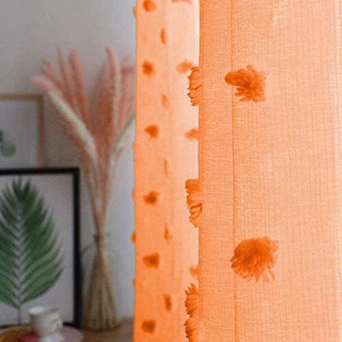 MYSKY HOME Pom Pom Orange Sheer Curtains for Bedroom Girls Room Curtains 63 inch Length for Nursery Kids Light Filtering Boho Window Drapes, Rod Pocket, 38" Wide, 2 Panels
