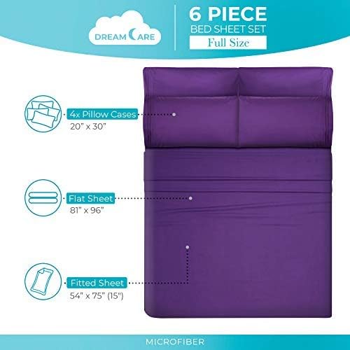 DREAMCARE Sheets Full Size Bed - Cooling Bed Sheets - 6pcs Set - Full Sheet Set - Full Size Sheets - Full Size Sheet Sets Soft & Long Lasting 100% Fine Brushed Polyester with Side Pocket - Purple