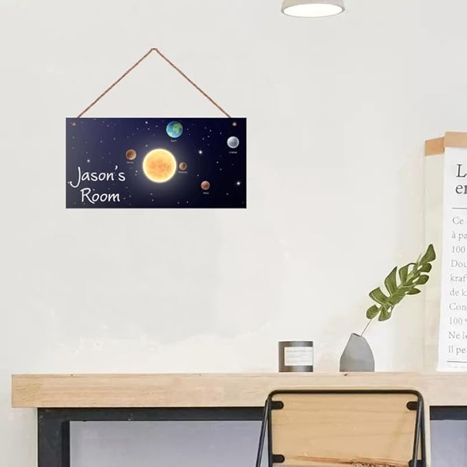Personalized Outer Space Sign Spacesolar System Themed Decor For Kids Room Nursery Door Art Décor For Little Man Cave,Custom Name Sun Earth Planet Wall Decor Decorative Plate for Boys Bedroom