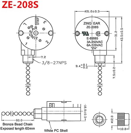 Ceiling Fan Switch Zing Ear ZE-208s E89885 3 Speed 4 Wire Pull Chain Switch Fan Light Switch Replacement Part with 4 Pre-Installed Wires(Nickel Chain)