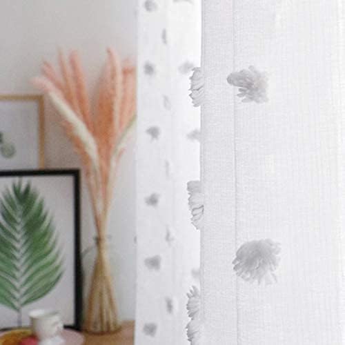 MYSKY HOME Pom Pom White Sheer Curtains for Bedroom Girls Room Curtains 72 Inches Long for Nursery Kids Light Filtering Boho Window Drapes, Rod Pocket, 52" Wide, 2 Panels