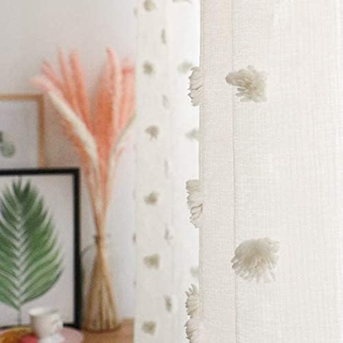 MYSKY HOME Pom Pom Beige Sheer Curtains for Bedroom Girls Room Curtains 84 Inches Long for Nursery Kids Light Filtering Boho Window Drapes, Rod Pocket, 38" Wide, 2 Panels