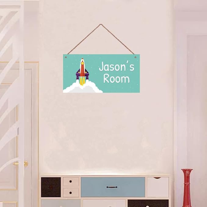 Personalized Rocket Sign For Boys Bedroom Aerospace Themed For Kids Room Door Decor,Custom Name Blue Sky Wall Decor Decorative Plate for Nursery Girls Room