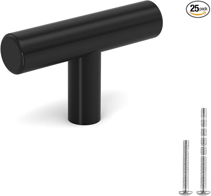 LONTAN 25 Pack Black Knobs for Cabinets and Drawers Kitchen Cabinet Knobs for Dresser Bathroom Modern T Bar Furniture Black Hardware,Stainless Steel