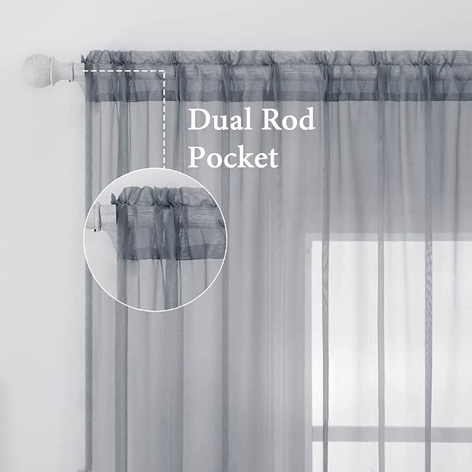 MIULEE 2 Panels Sheer Curtains for Living Room 54X63 Inch Dark Grey | Sheer - Image 2