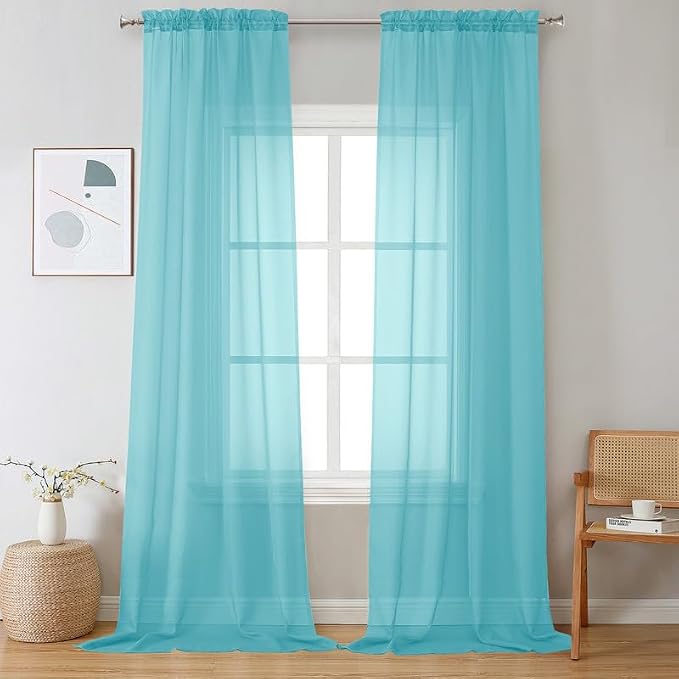 Aqua Sheer Curtains 108 Inches Long 2 Panels by OVZME
