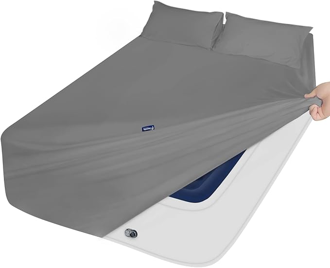 California King Sheet Sets for Air Mattress - Extra Deep Pocket Cal King Sheet Set - 3Pcs Side Storage Pocket Fitted Sheet & Pillowcases Easily Fits 16in to 24in Pillow Top Air Bed Mattress(Grey)