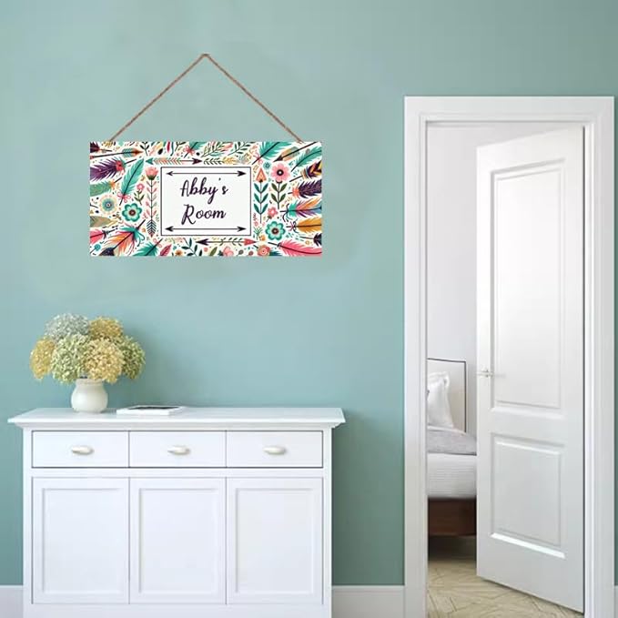 Personalized Vintage Flowers Art Décor For Kids Room Custom Name Door Wall Decor, Feather Floral Nursery Art Plate For Girls Bedroom Home Club Cabin Garage Store Bar