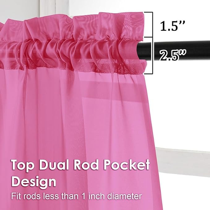 Hot Pink Sheer Valances for Windows 14 Inch Length 2 Pcs, Light Filtering Short - Image 3