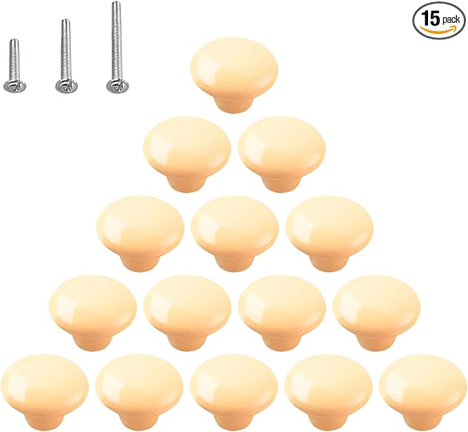 HUAMULAN 15PCS Glossy Ceramic Knobs Button Round Mushroom Cabinet Dresser Vintage Pulls Door Handles Cupboard Wardrobe Drawer, Dia. 1.5 inch 38mm, Light Yellow