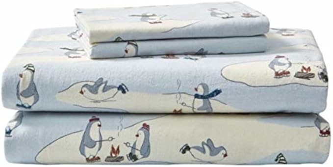 Eddie Bauer - Full Sheets, Cotton Flannel Bedding Set, Brushed For Extra Softness, Cozy Home Decor (Skating Penguin, Full)