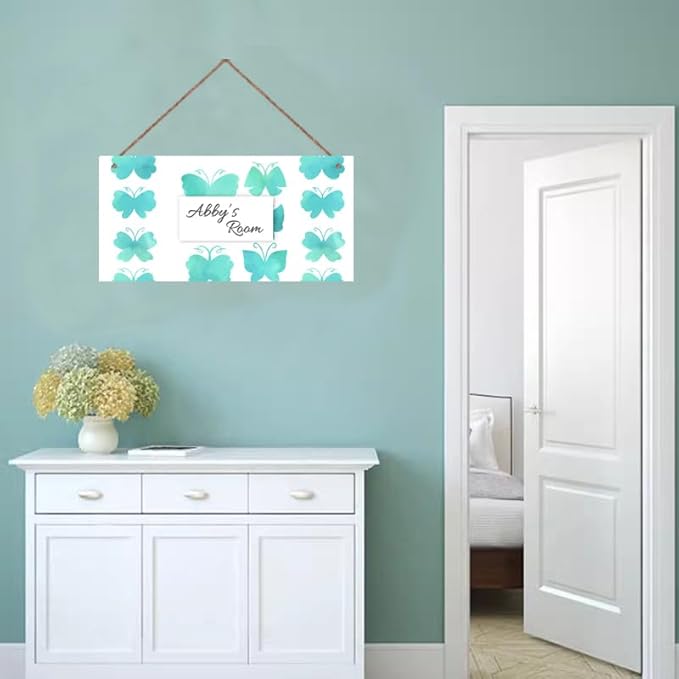 Personalized Sign Green Butterfly Plate For Girls Room and Baby Nursery Kids Bedroom Custom Name Wood Plaque Hanging Wall Art Decor Gift