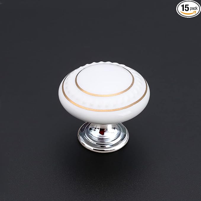 HUAMULAN 15 Pack Ceramic Knob Simple Dresser Kitchen Round Cabinet Pulls Zinc Alloy Base Cupboard Wardrobe Drawer Door Handles,3 Size Screws A4-43-BaiGold-15PCS