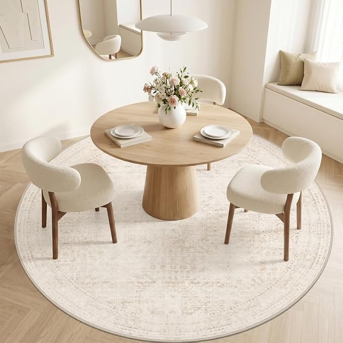 Round Area Rug Living Room: 8ft Neutral Washable Carpet Rug Beige | Vintage - Image 2