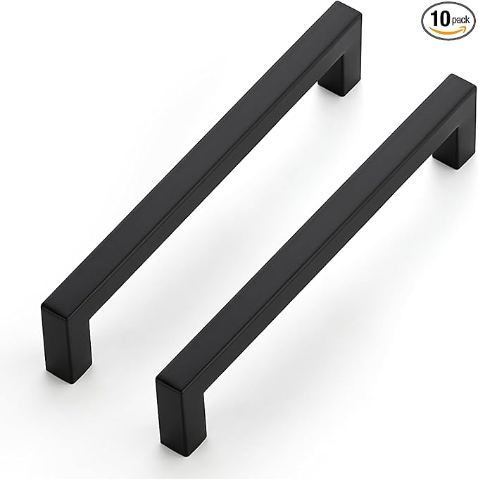 JOY DECOR 10 Pack Cabinet Handles, Black Cabinet Pulls, 6-1/4 Inch Kitchen Closet Handles Square Drawer Pulls Stainless Steel Drawer Hardware, 160mm Hole Centers