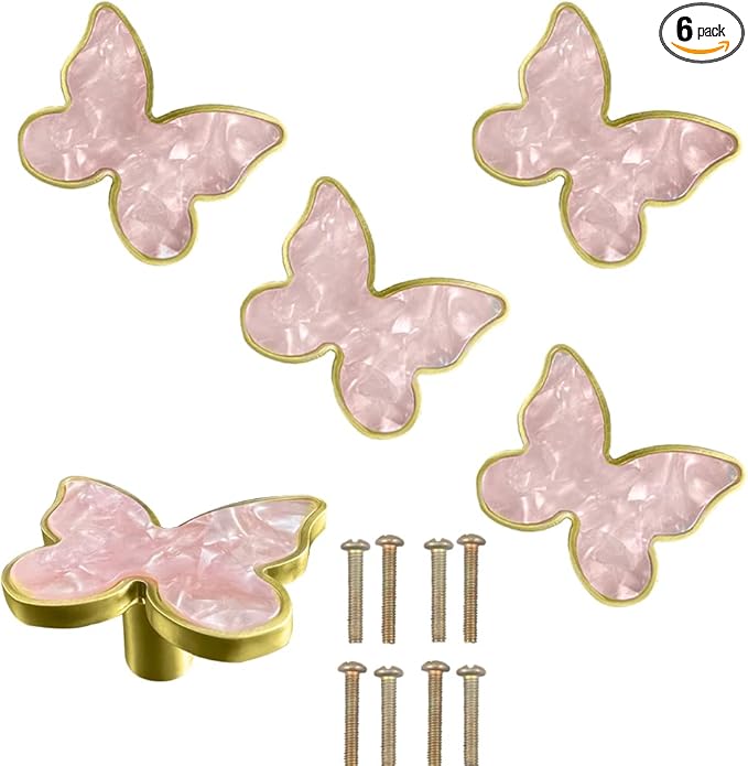 6 pcs Butterfly Shape Knobs Handle Gold Cabinet Knobs Decoration Door Handle Single Hole Handles Cabinet Drawer Dresser Kitchen Wardrobe Furniture Hardware Pulls (Pink)