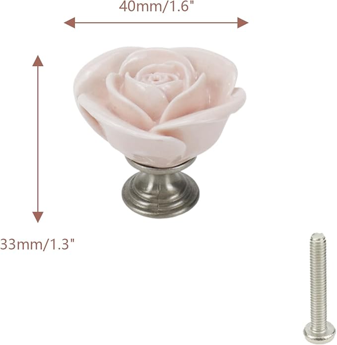 4pcs Light Pink Rose Flower Ceramic Knobs for Cabinet Drawer Door Pull Handles Dresser