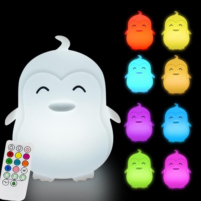 Large Penguin Night Lights for Babies Bedroom Light, lamp Kids, Toddler Nursery lamp Soft Decorative Lamps - Break Resistant, Eye Caring, Adjustable Brightness & Color, Time Setting - Large