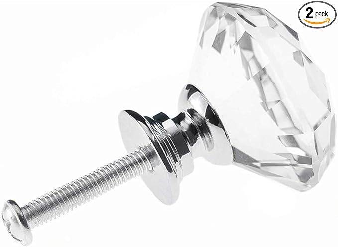 Joyhey 2 Pack 30 mm Diamond Shaped Glass Crystal Knobs with 3 Size Screws for Cabinet, Drawer, Cupboard, Dresser