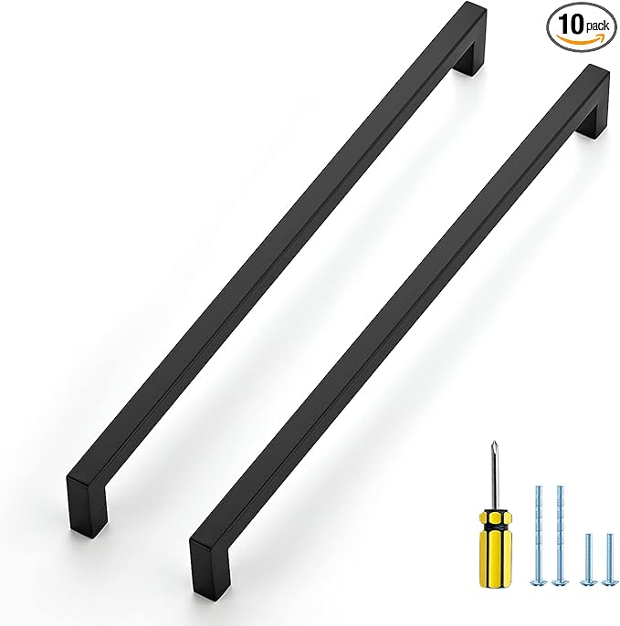 Ravinte 10 Pack Black Cabinet Pulls 12-3/5 Inch Square Cabinet Handles Matte Black Kitchen Hardware for Cabinet Drawer Pulls Come with Screwdriver