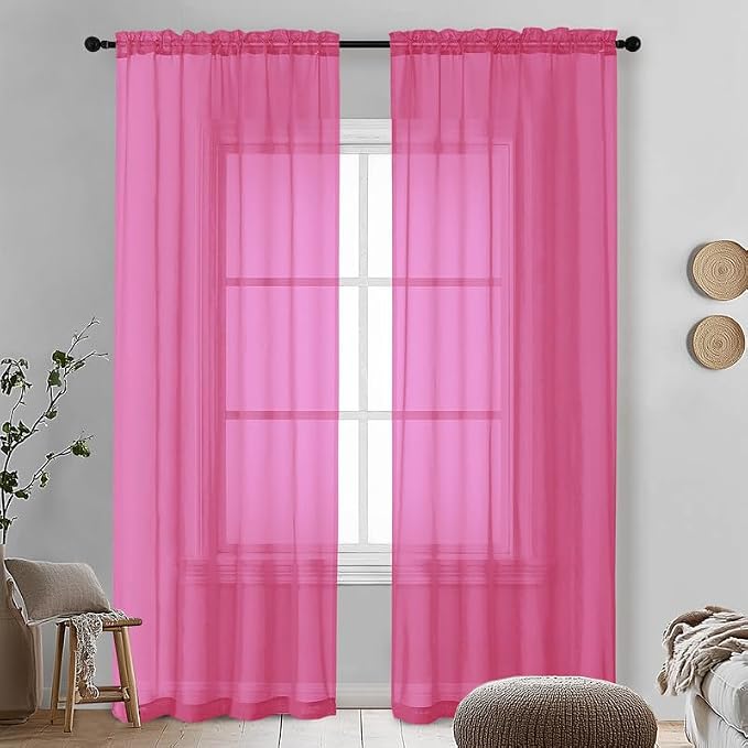 Hot Pink Sheer Curtains 90 Inches Long 2 Panels by OVZME
