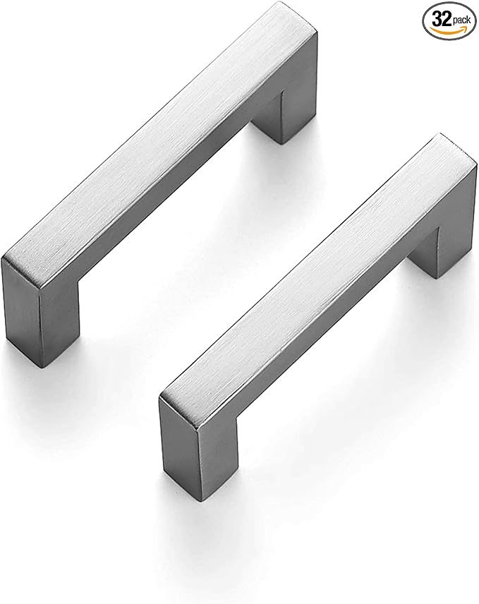 Ravinte 32 Pack 3 Inch Square Cabinet Handles Satin Nickel Pulls Brushed Nickel Drawer Pulls Kitchen Cupboard Hardware for Cabinets Cupboard Drawer Handles
