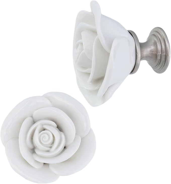 8PCS 1.65" × 1.54" White Rose with Base Knobs Ceramics Flower Shaped Pulls for Cupboard Drawer, with 2 Kinds of Screws