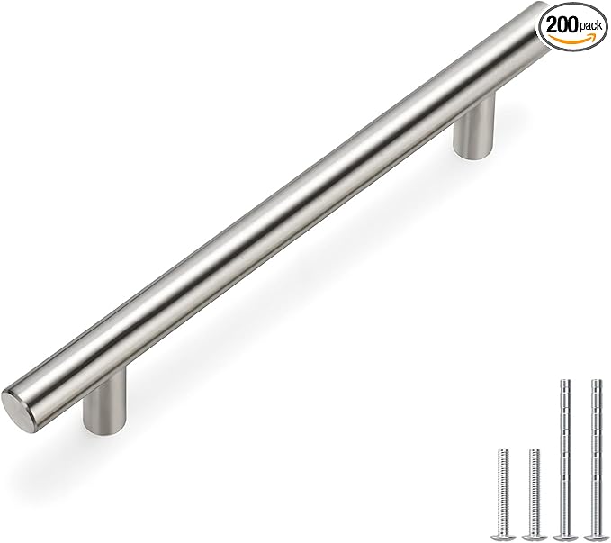 homdiy 200 Pack Cabinet Pulls Brushed Nickel Cabinet Door Handles - HD201SN Cabinet Handles Bar Cabinet Pulls Stainless Steel Cabinet Hardware for Kitchen Cabinets, 5in Hole Centers