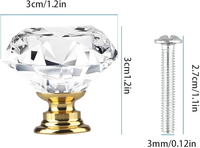 Tomorotec Elegant Crystal Diamond-Shaped Glass Drawer Pulls - Set of 12 with Golden Base and Screws, 1.2 inch/30mm - Ideal for Kitchen, Bathroom, Dresser and Wardrobe Cabinets