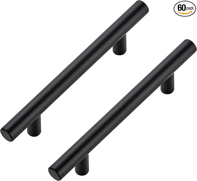 JOY DECOR 60 Pack Cabinet Handles, Black Cabinet Pulls, 3-3/4 in Hole Center Kitchen Hardware, Stainless Steel T Bar Handles for Dresser Drawers
