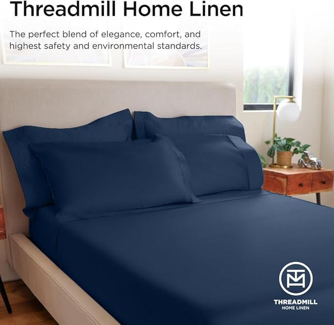 Threadmill Luxury 800 Thread Count Full Size 100% Cotton Sheets - Folkstone Blue Sateen Weave Bed-Sheets, Better Than Egyptian Cotton, 4 Pc Solid Bed Set, Fits 16" Deep Pocket