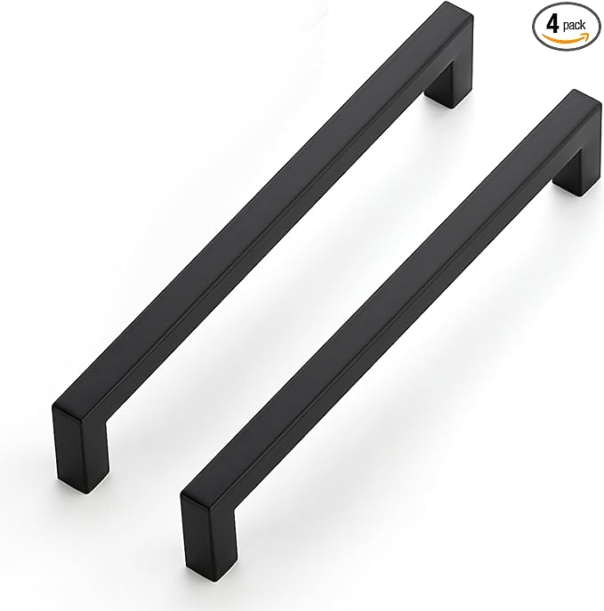 JOY DECOR 4 Pack Cabinet Handles, Black Cabinet Pulls, 7-1/2 Inch Kitchen Closet Handles Square Drawer Pulls Stainless Steel Drawer Hardware, 192mm Hole Centers