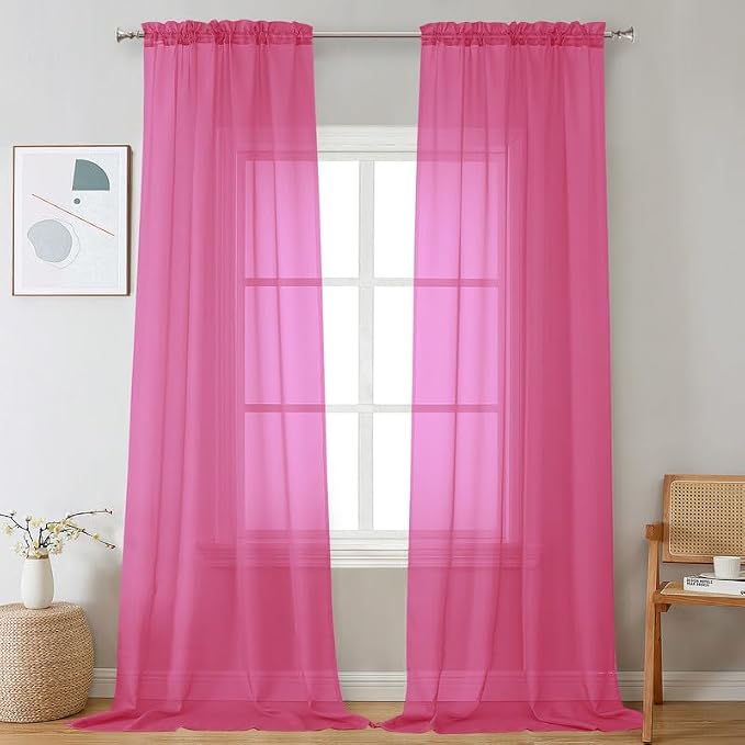 Hot Pink Sheer Curtains 96 Inches Long 2 Panels by OVZME