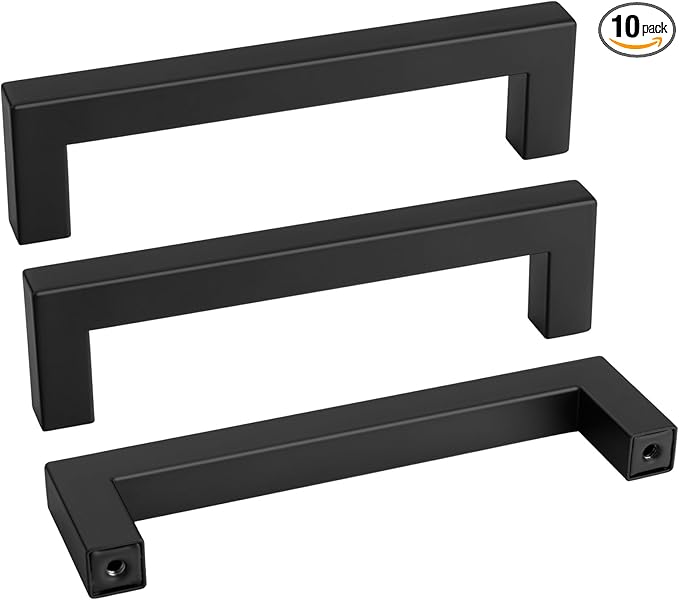 goldenwarm 10 Pack 4-1/2 Inch Black Cabinet Handles Matte Black Drawer Pulls Stainless Steel Cabinets Hardware Square Bar Modern for Kitchen Bathroom Cupboard
