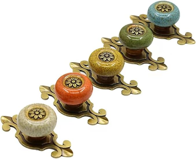 10 Pack Retro Ceramic Knobs,Vintage Dresser Kitchen Petal Cabinet Pulls Rustic Zinc Alloy Base Back Plate Kid Cupboard Wardrobe Drawer Door Handles (Leopard Print Green)
