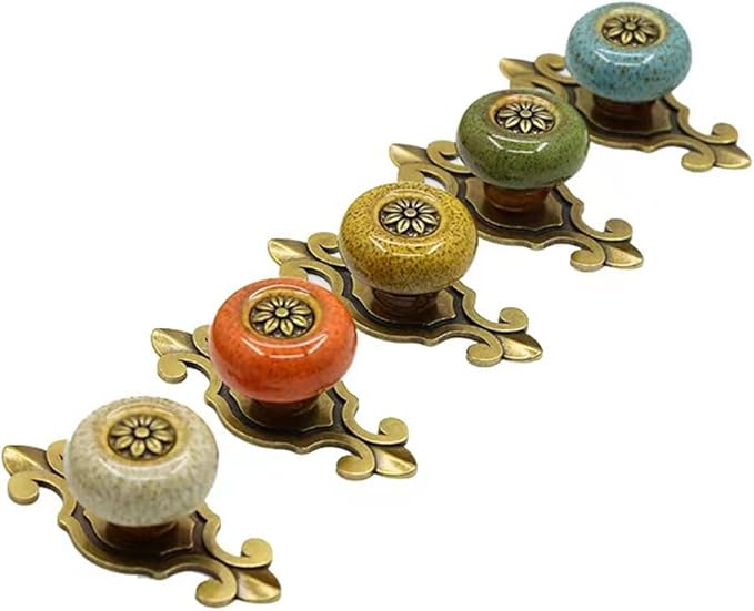 10 Pack Retro Ceramic Knobs,Vintage Dresser Kitchen Petal Cabinet Pulls Rustic Zinc Alloy Base Back Plate Kid Cupboard Wardrobe Drawer Door Handles (Leopard Print Blue)