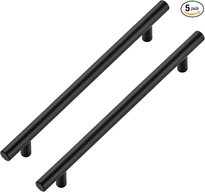 JOY DECOR 5 Pack Cabinet Handles, Black Cabinet Pulls, 7-1/2 in Hole Center Kitchen Hardware, Stainless Steel T Bar Handles for Dresser Drawers