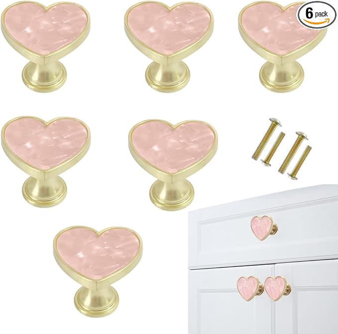 6 Pcs Brass Knobs Drawer Pulls Handles Heart-Shaped Gold Cabinet knobs, Suitable for Bathroom Drawer Kitchen Door Pulls Handles Heart-Shaped Handles (Pink)
