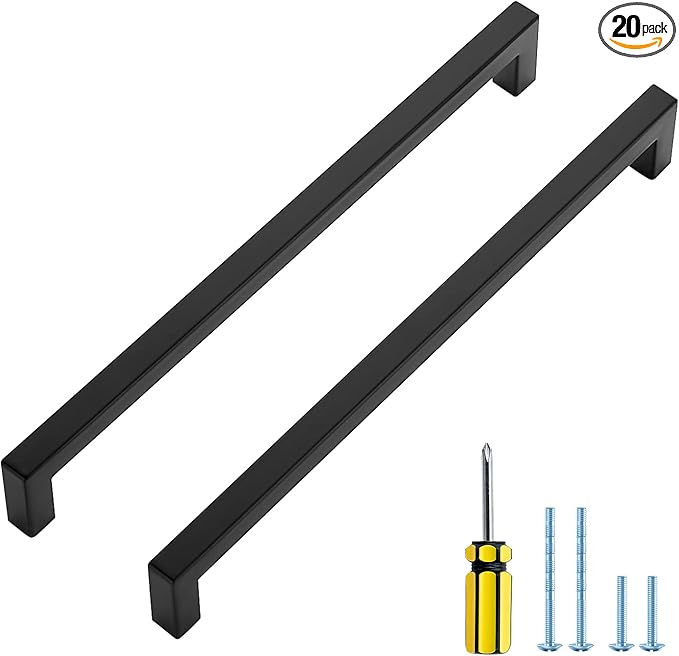 Ravinte 20 Pack Square Cabinet Pulls 10 Inch Black Kitchen Cabinet Handles Matte Black Kitchen Hardware for Cabinet Black Drawer Pulls Black Square Bar Cabinet Pulls Drawer Handles