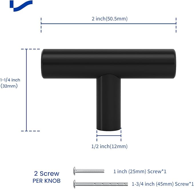 LONTAN 20 Pack Black Knobs for Cabinets and Drawers Kitchen Cabinet Knobs for Dresser Bathroom Modern T Bar Furniture Black Hardware,Stainless Steel