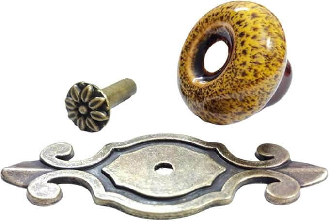 5 Pack Retro Ceramic Knobs,Vintage Dresser Kitchen Petal Cabinet Pulls Rustic Zinc Alloy Base Back Plate Kid Cupboard Wardrobe Drawer Door Handles (Leopard Print Yellow)